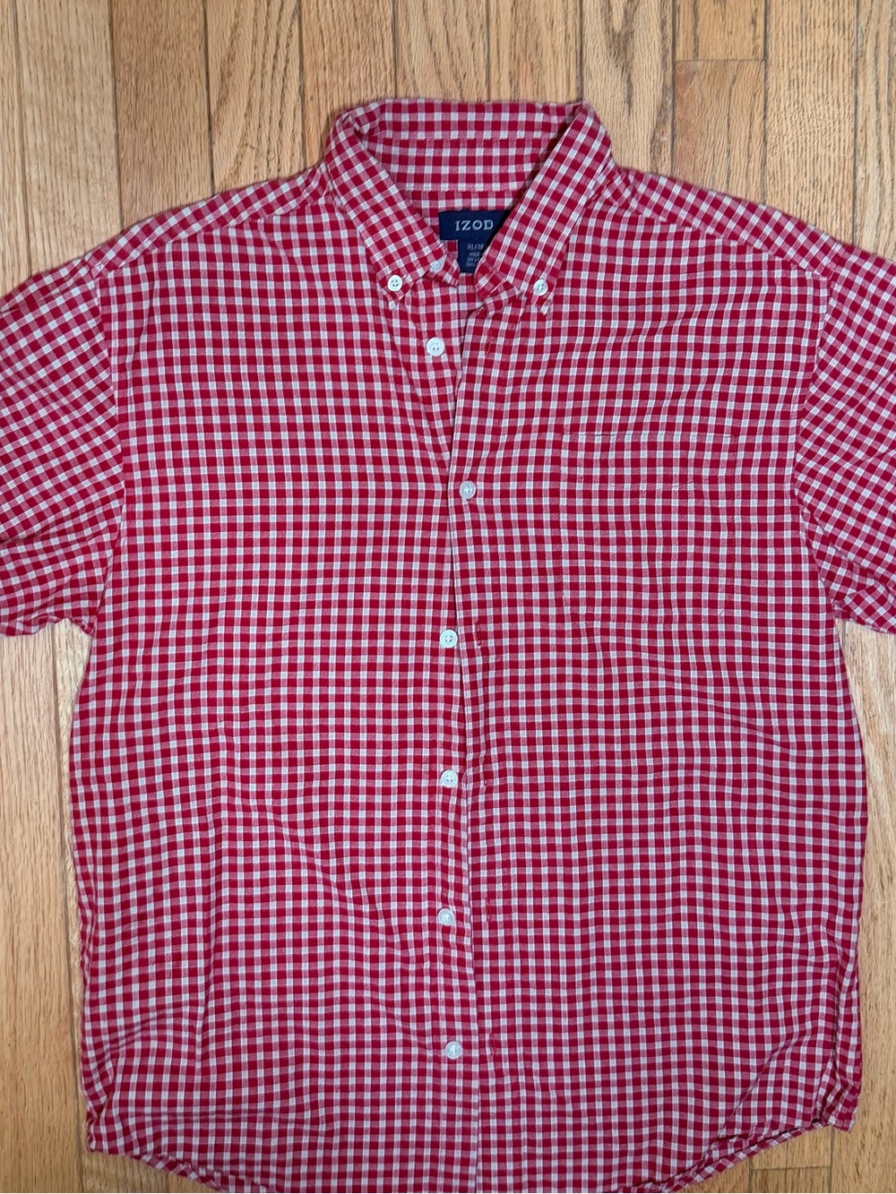 IZOD Men’s XL 18 Red White Gingham Check Cotton Button Down Shirt Preppy Retro